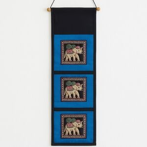 Boho Wall Hanging Embroidered Elephant Textile Art Blue Bohemian Decor